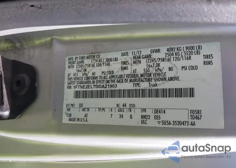 2013 Ford E-250 Commercial из США, поврежденный, VIN 1FTNE2EL7DDA21903